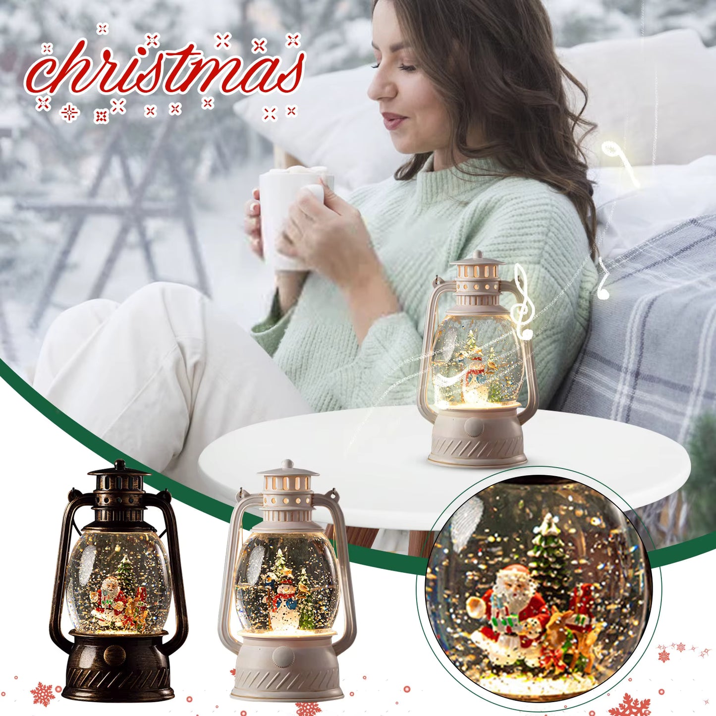 Ensemble Décoration de Noël Lampe à Vent LED, Boîte à Musique & Ornements Magiques